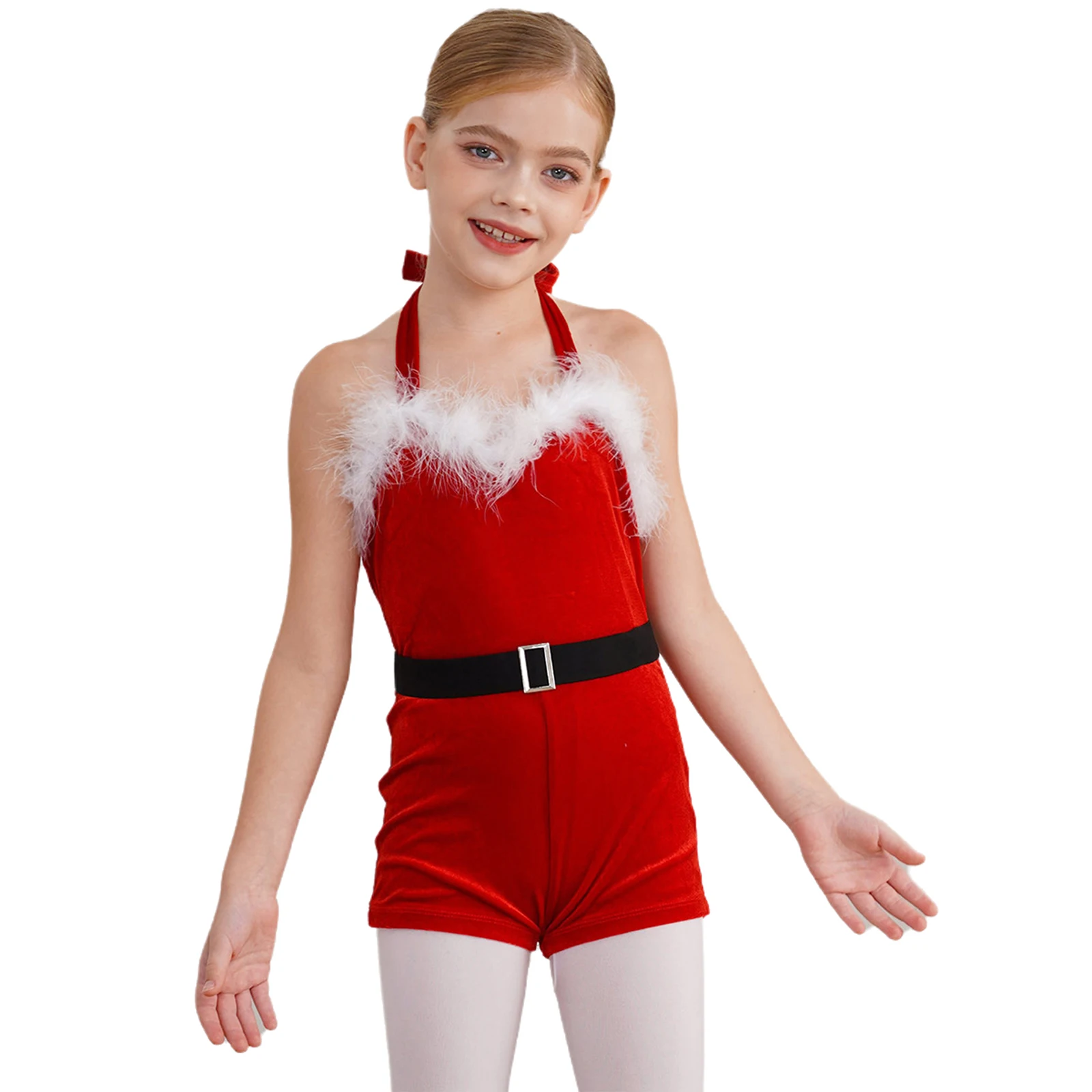 Girls Miss Santa Elf Christmas Dance Costume Halter Faux Fur One Piece Bodysuits with Belt Jingle Bell School Show Dancewear