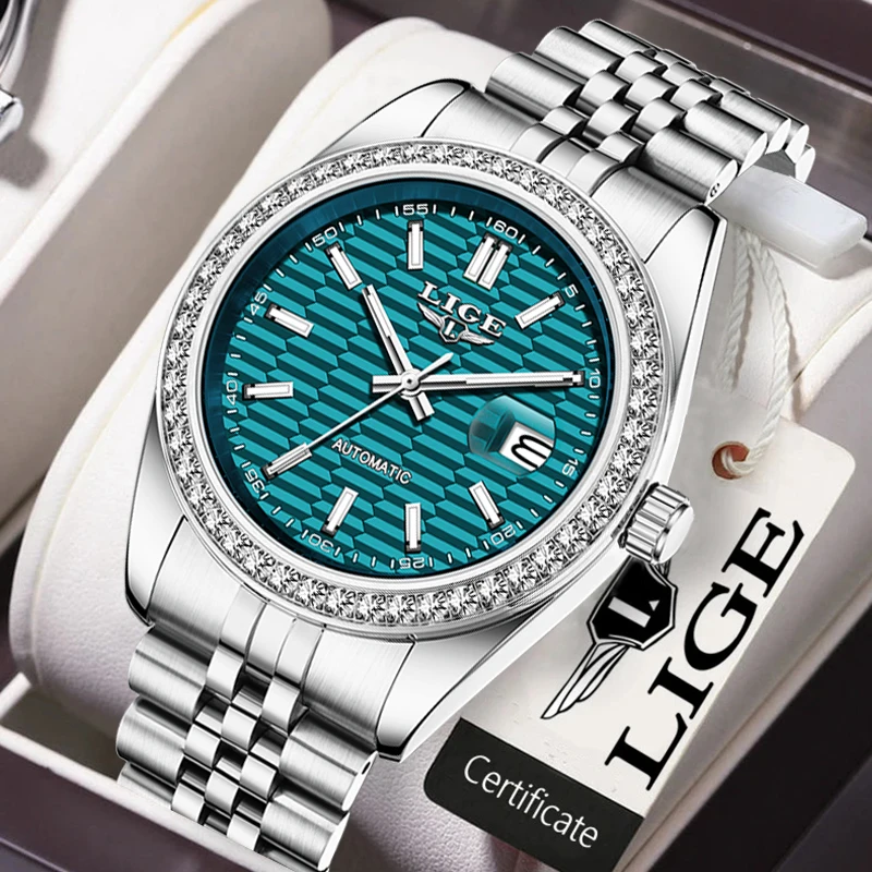 

LIGE лучший бренд класса люкс механические часы для мужчин ремешок из нержавеющей стали автоматический механизм дисплей лупа даты мужские часы Reloj