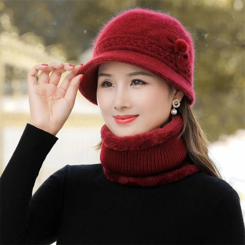 Middle-aged and Elderly Fall and Winter Hats Female Rabbit Hair Knitted Pot Hat Winter Elderly Mother Old Lady Hat Scarf Set