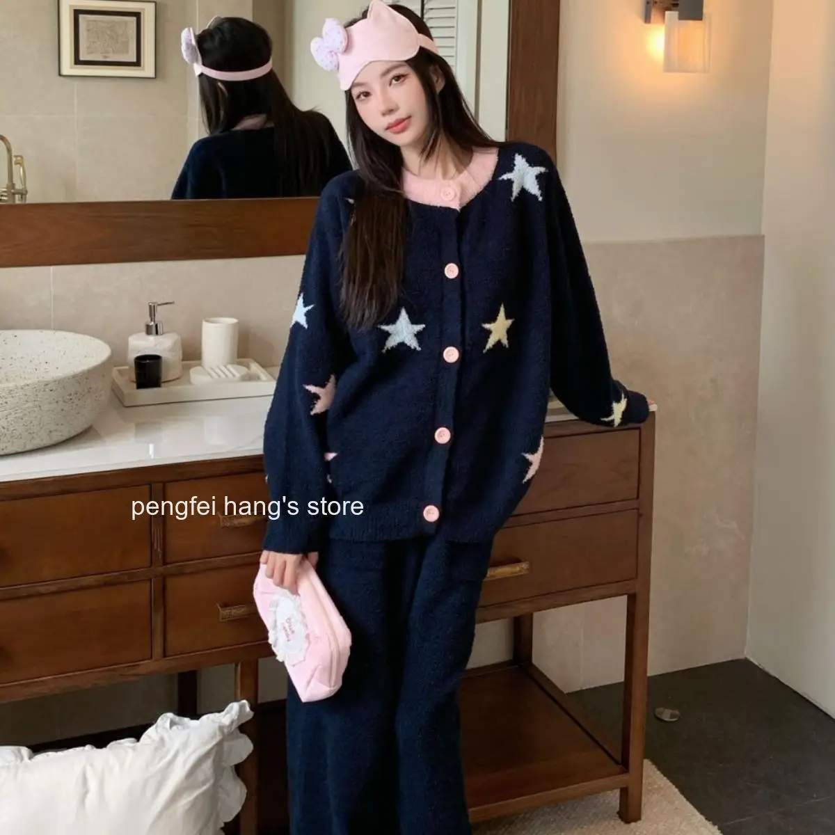 Women Korean Style Half Sided Fleece Pajama Set Star Jacquard Soft Knit Loose Lazy Casual Autumn Winter Cozy Sleepwear Suit