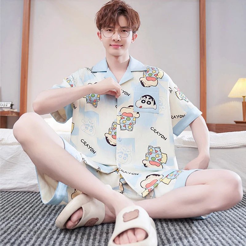 

Plus Size 2Pcs Anime Crayon Shin-Chan Summer Men Pajamas Teens Fashion Lapel Short Sleeve Sleepwear, Home Casual Loungewear Gift