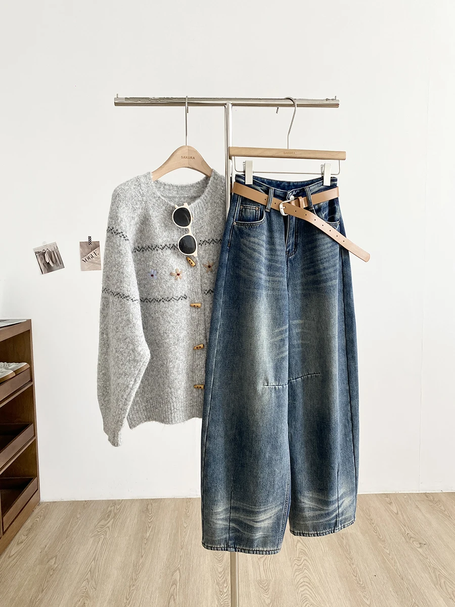 

High Waist Loose Leg Jeans Korean Style Retro Commuter Casual Versatile Women's High Waist Loose Wide Leg Pants Autumn Winter...