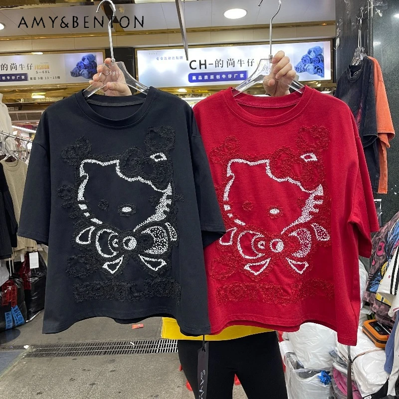

2025 Winter New Sweet Cute Average Size Loose Cartoon Top Tees Heavy Industry Short Sleeves T-shirt For Women's Kawaii Clothes