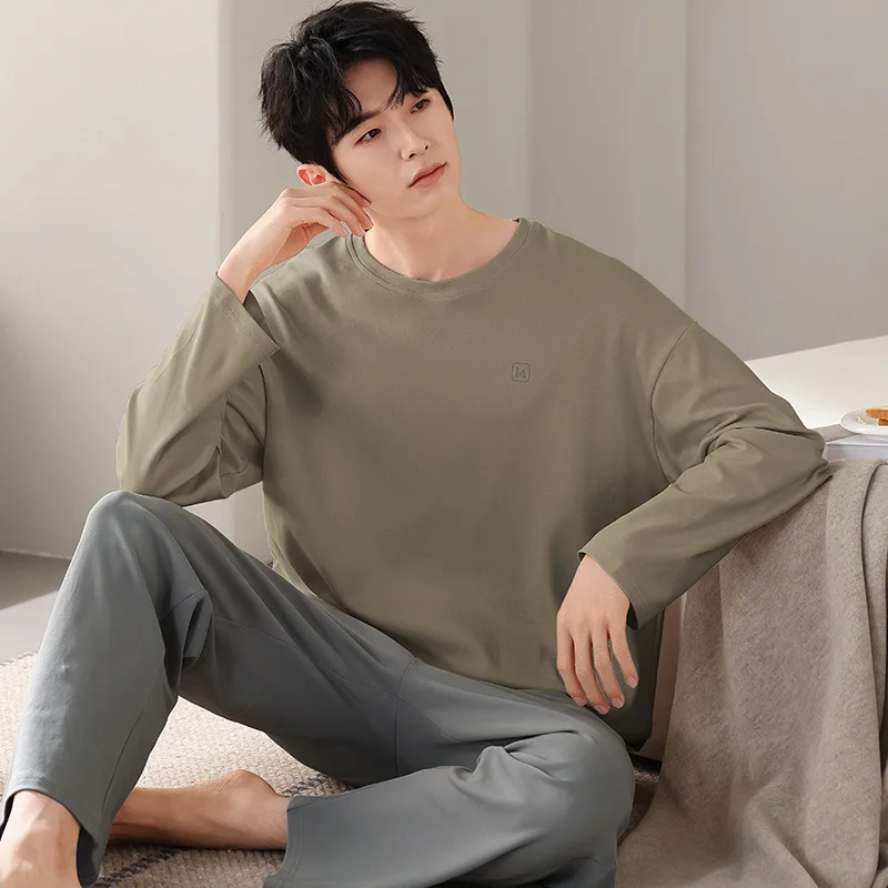 

Men's Pure Cotton Sleepwear Long Sleeve Pants Casual Color Large Size Home Clothes Set Spring Autumn Comfortable Breath...