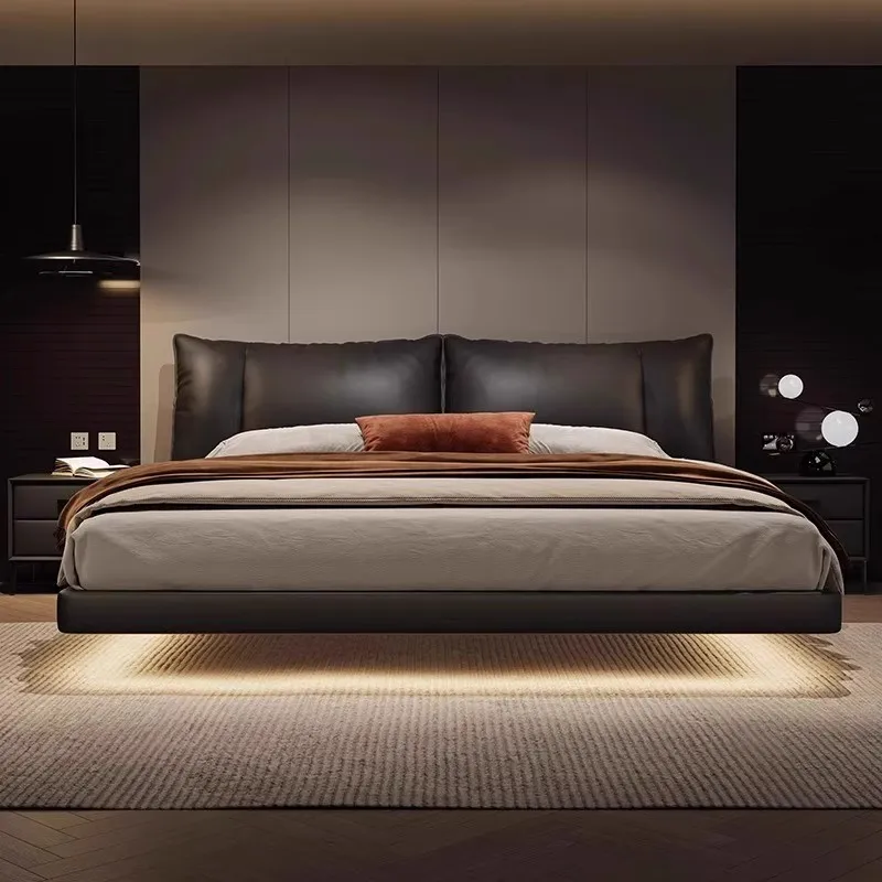 

Modern Luxury Levitation Genuine Leather 150x200 180x200 Cm Double Bed 2 People Full Size Bed Frame Bedroom Furniture Lamp