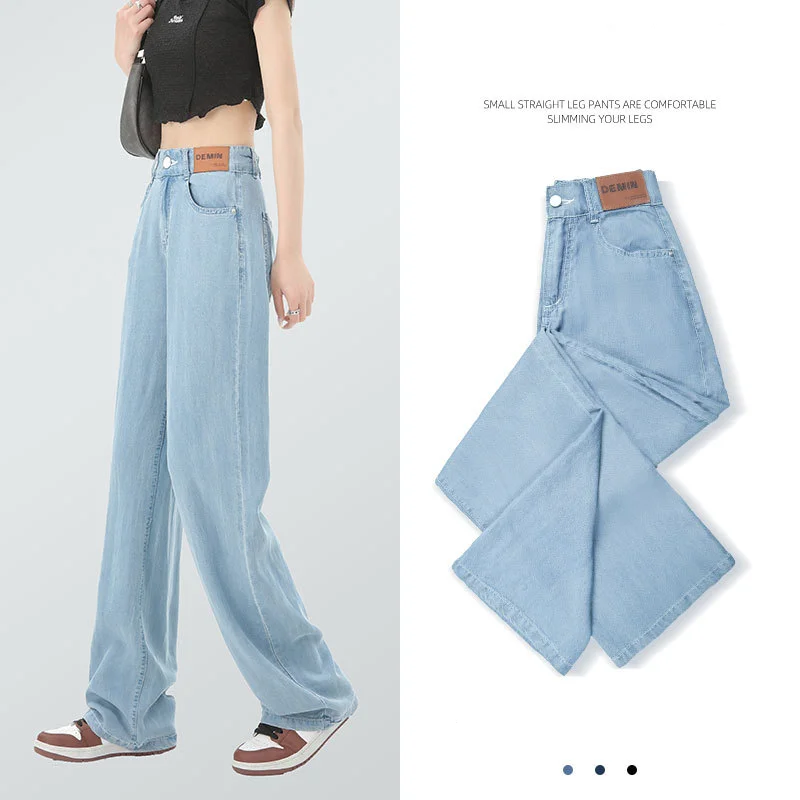 

Softened Thin Jeans Women's New Summer High Waist Straight Drop Ice Silk Trousers Korean Wide Leg Denim Pants Visual Long Legs