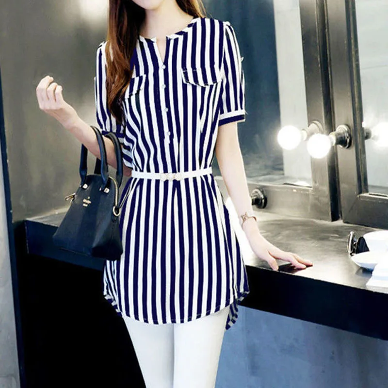 Female Commuter Slim Chiffon Striped Blouses Small V-Neck Button Patchwork Casual Short Sleeve Shirt Women\'s Summer Clothes 4XL