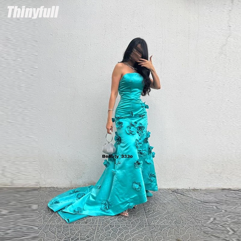 Thinyfull Mermaid 3D Flowers Prom Dresses Strapless Sleeveless Evening Party Gowns Long Satin 2024 Formal Occasion Dress