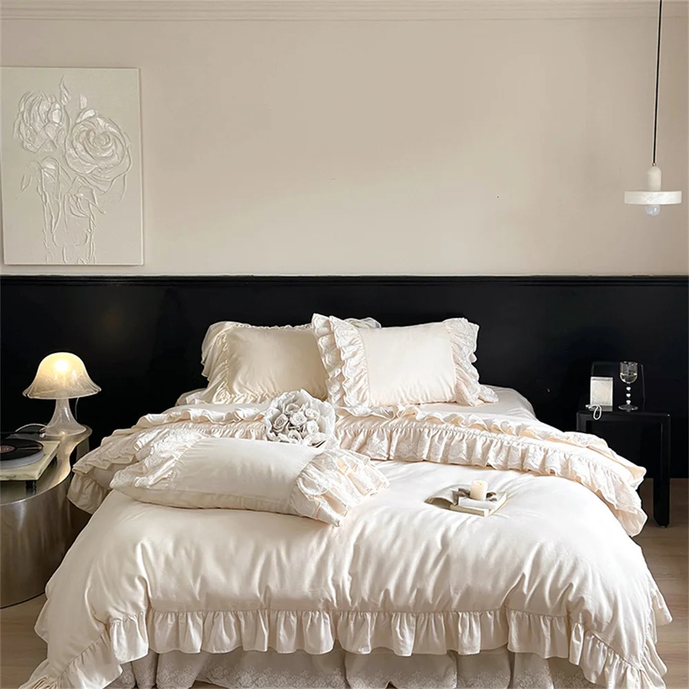 JC القطن الساتان المصقول الفرنسية الأميرة القطن تنورة السرير أربع قطع فتاة القطن الدانتيل غطاء لحاف الفراش