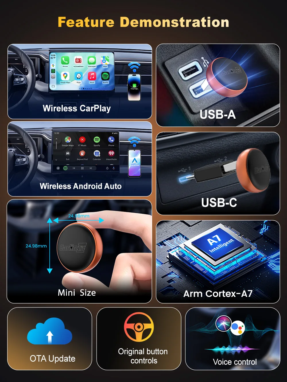 CarlinKit 2-in-1 CarPlay Android Auto Wireless Adapter WLAN 5GHz Kabelloses CarPlay Auto AI Box für Smart Car Systeme Plug-and-Play – Detail 3