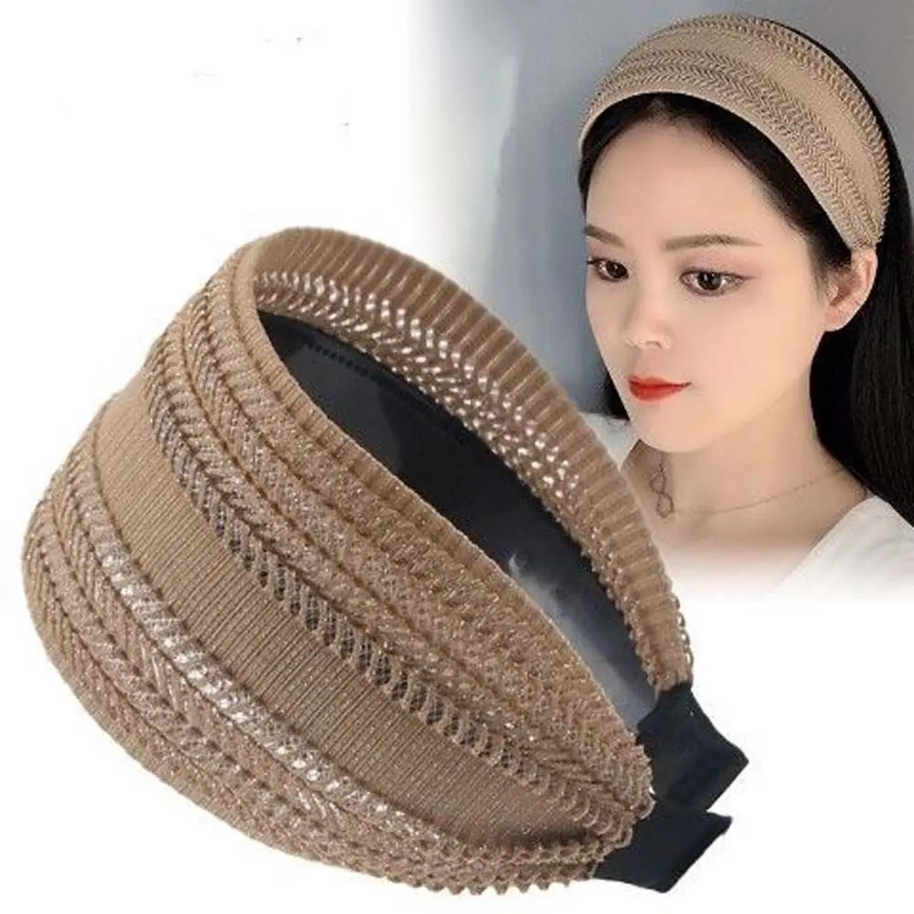 New Vintage Lace Shiny Hair Hoop Headband Temperament Wide Side Hairbands Women Hollow Non Slip Elegant Head Wrap Headwear