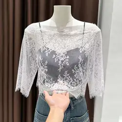 Bolero de encaje blanco y negro para mujer, elegante, transparente, encogimiento de hombros, vestidos de fiesta de noche, capa, chal de boda, cubierta Formal