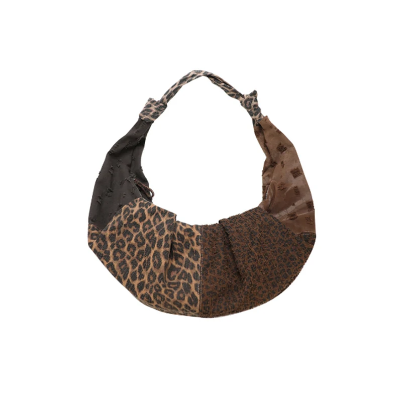 

Fashion Leopard Print Shoulder Bag Women Dumpling Bag Large Capacity Distressed Style Patchwork Crossbody Bag Korean Winter New