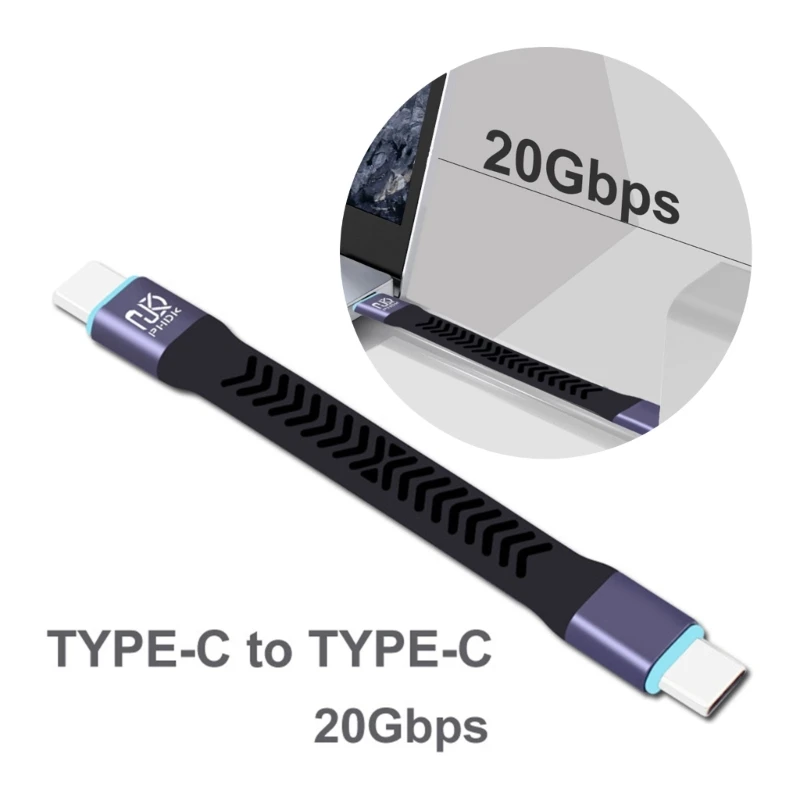 10cm Short Flat USB3.2 Gen2 20Gbps Type-C Male to Male Cable Portable Anti Slip Fast Data Wire Aluminum Shell