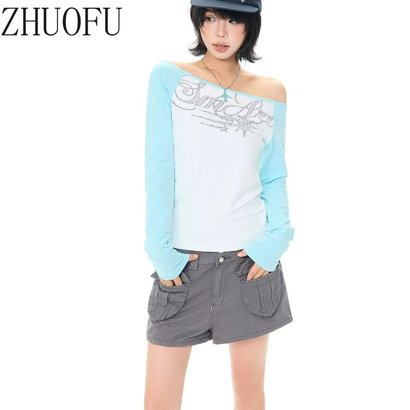 Korean Women's T-shirt 2026 Autumn Star Letter Splicing Slanted Shoulder Long Sleeve Slim Thin Casual Versatile T-shirts Ladies