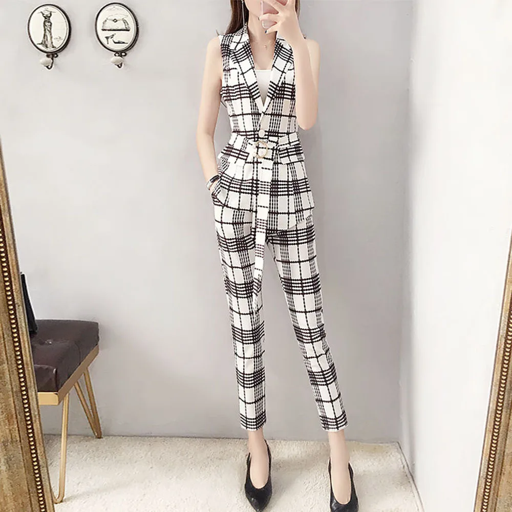 Women\'s Summer Plaid Set Sleeveless Tops Fashion Nine-Point Pants Woman Office Ladies Two Piece Business Pants Femme Suit  Outfi