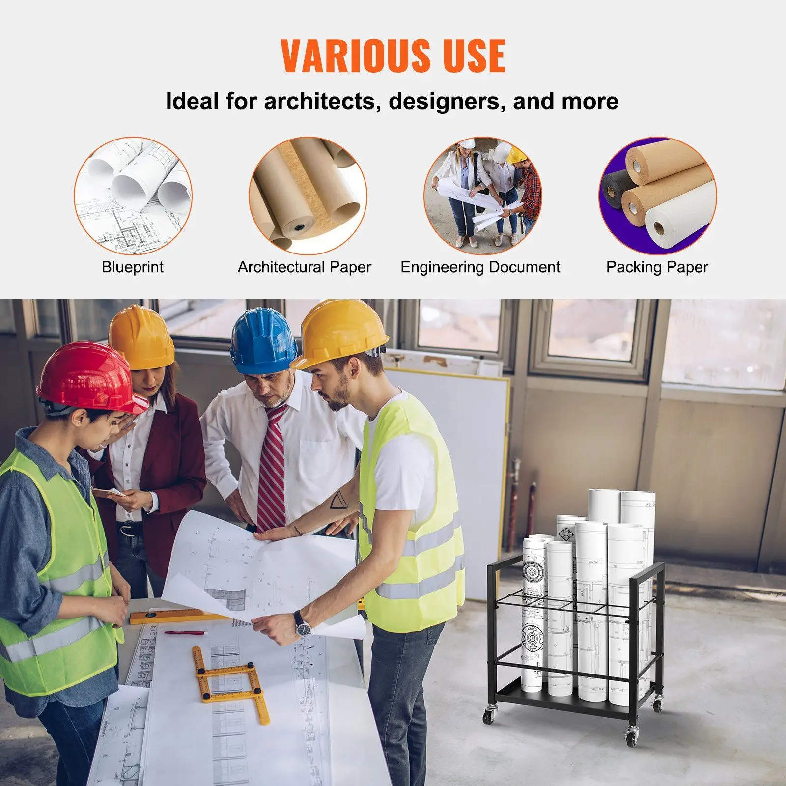 12-Slot Mobile Blueprint Rack 3.5x3.5 inch Strong 4mm Wire Frame Document Storage with Locking Casters