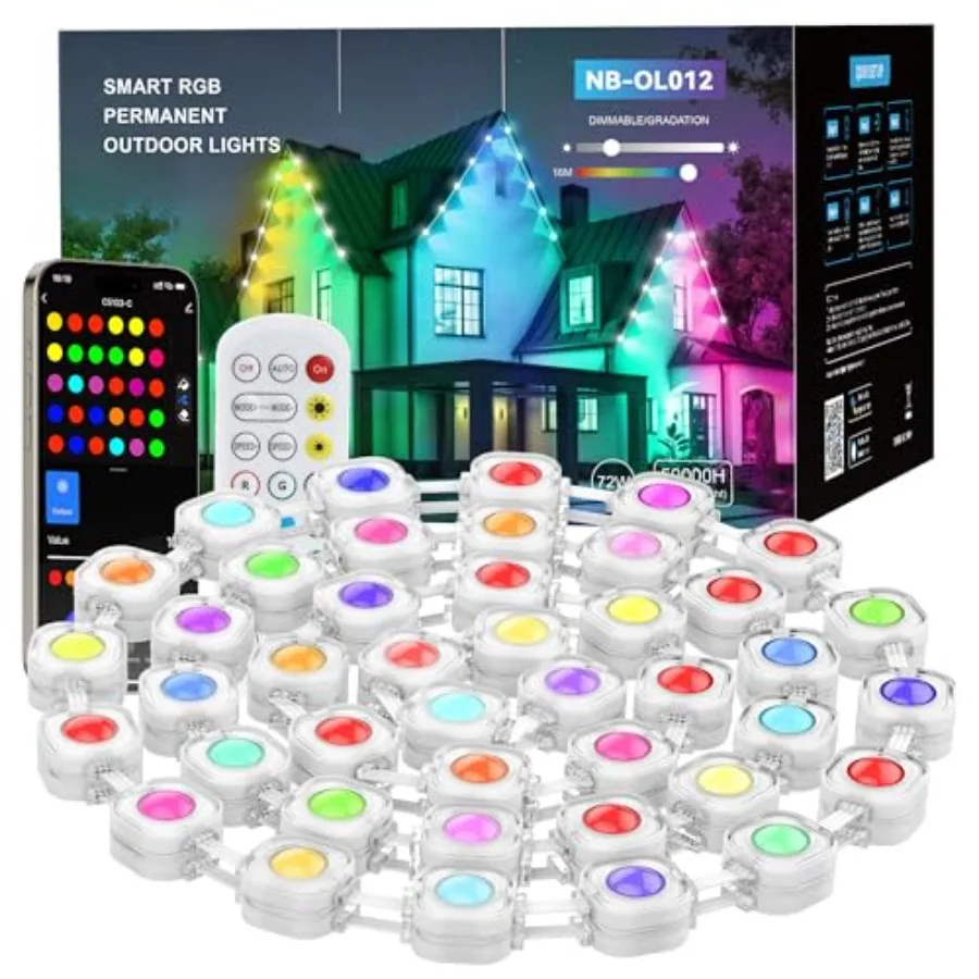 

Уличные светодиодные гирлянды на 50 футов, умные RGB-гирлянды для улицы, 36 светодиодов, 54 режима работы, IP67, водонепроницаемые, для Хэллоуина