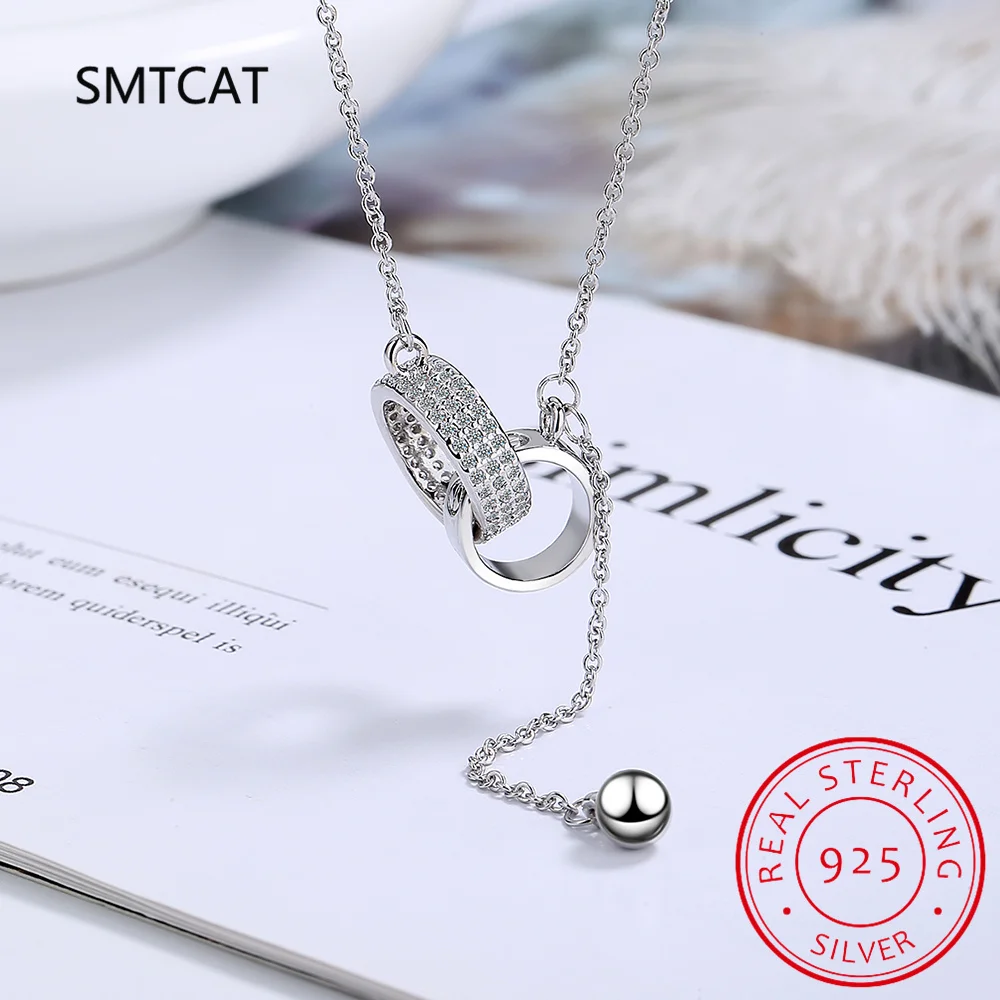 

Real 925 Sterling Silver Shine CZ Double Circle Interlock Tassel Beads Choker Necklace For Women Wedding Birthday Fine Jewelry