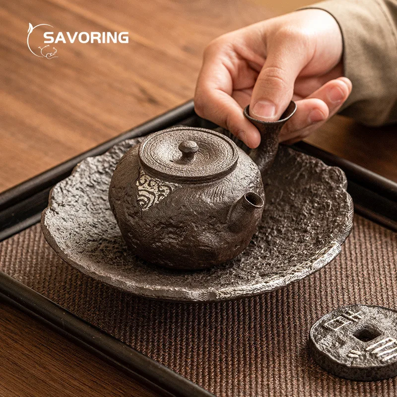 

Старый глиняный керамический чайник с боковой ручкой, чайник для чая, серебряный пуэр, грубая керамика, заварочный чайник, китайский чайник Исин, горшок