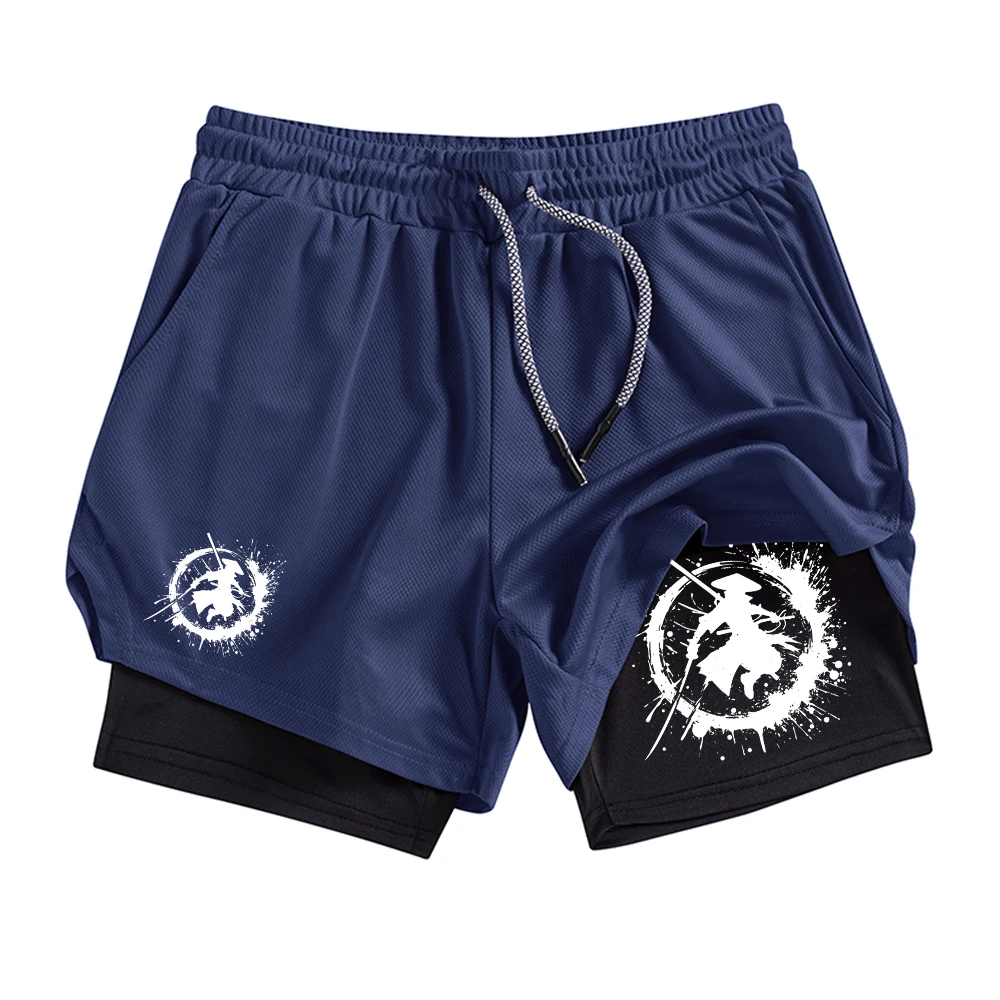 

Men's Quick Drying 2 In 1 Sports Shorts With Splatter Paint Samurai Print Casual Beach Shorts Suitable For Fitness And Cycling
