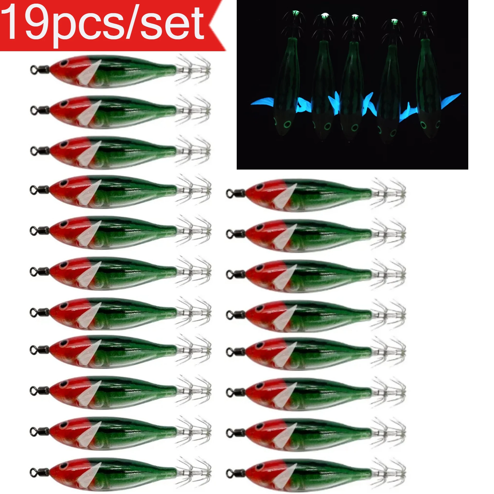 19pcs/set 8cm/ 5.7g Shrimp Fishing Lures Luminous Squid Jig Hook Sea Fishing Accessories Bait Octopus Lure