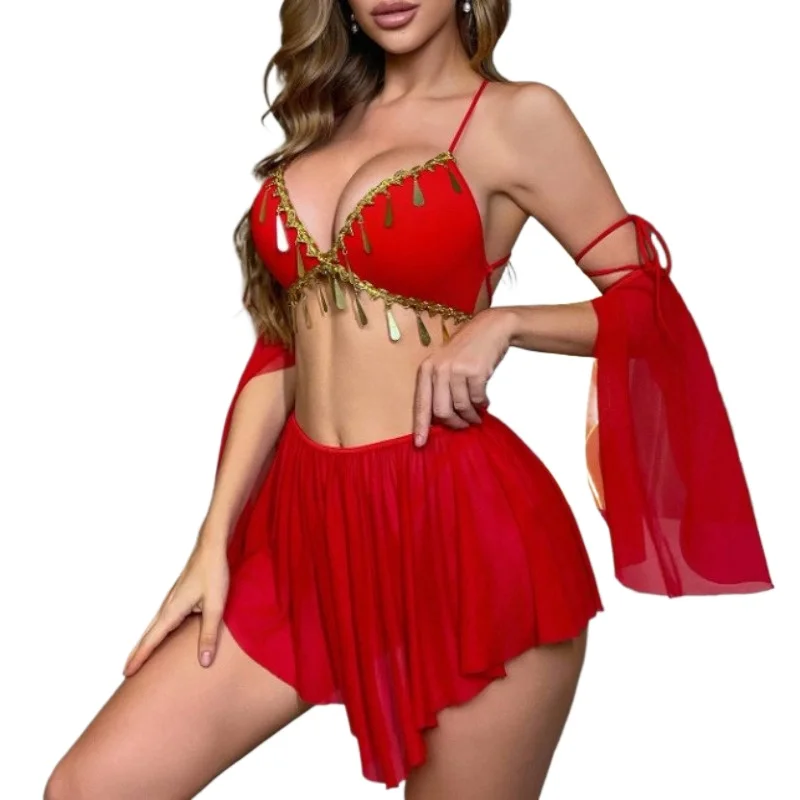 Sexy Lingerie Sexy Short Night Dress Retro Style Split Strapless See Through Short Skirt Lingerie Set Women's Lace Pajamas Dress