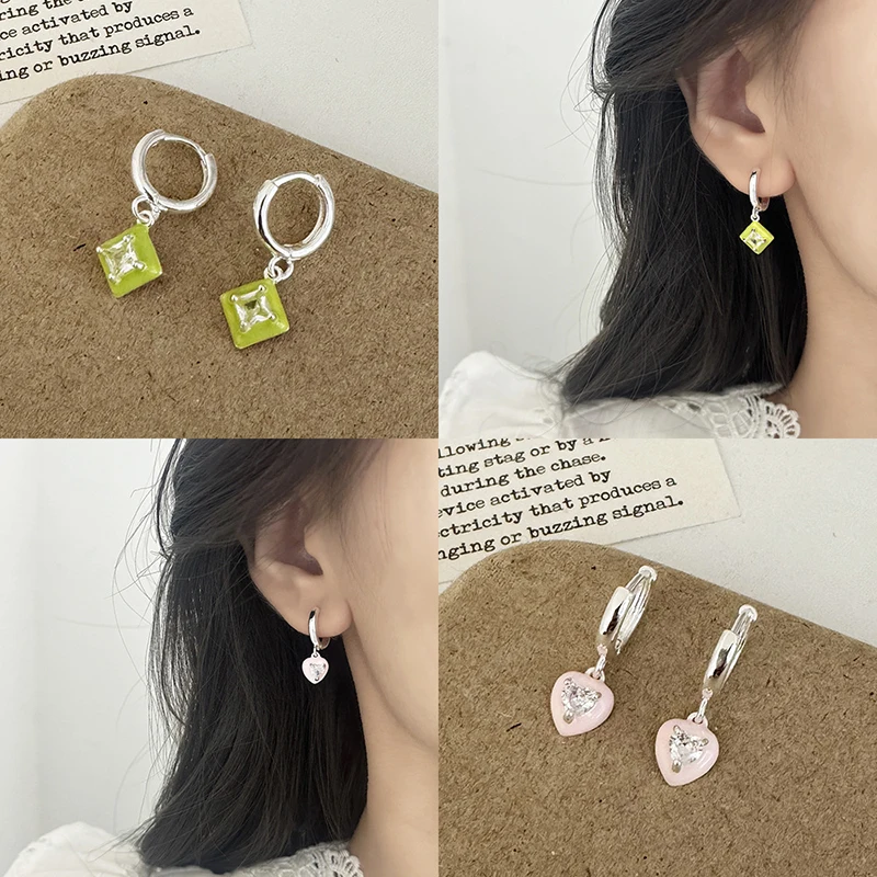 PONYKISS 티베트어 실버 지르콘 에나멜 하트 스퀘어 스타 워터 드롭 후프 귀걸이 여성을위한 유행 패션 쥬얼리 액세서리