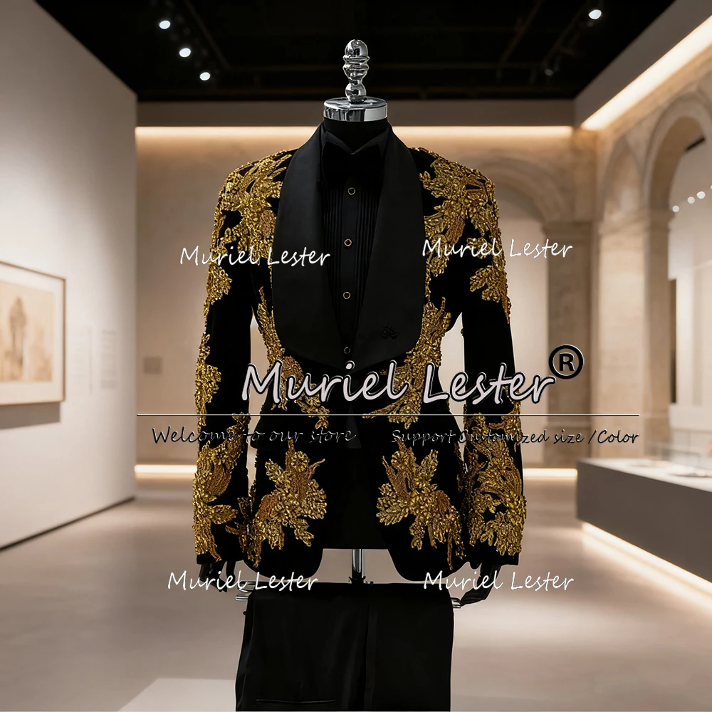 

Gold Appliques Wedding Suits For Man 3 Pieces Sets Black Shawl Lapel Stone Prom Blazer Groom Tuxedos Trajes De Hombre Customized