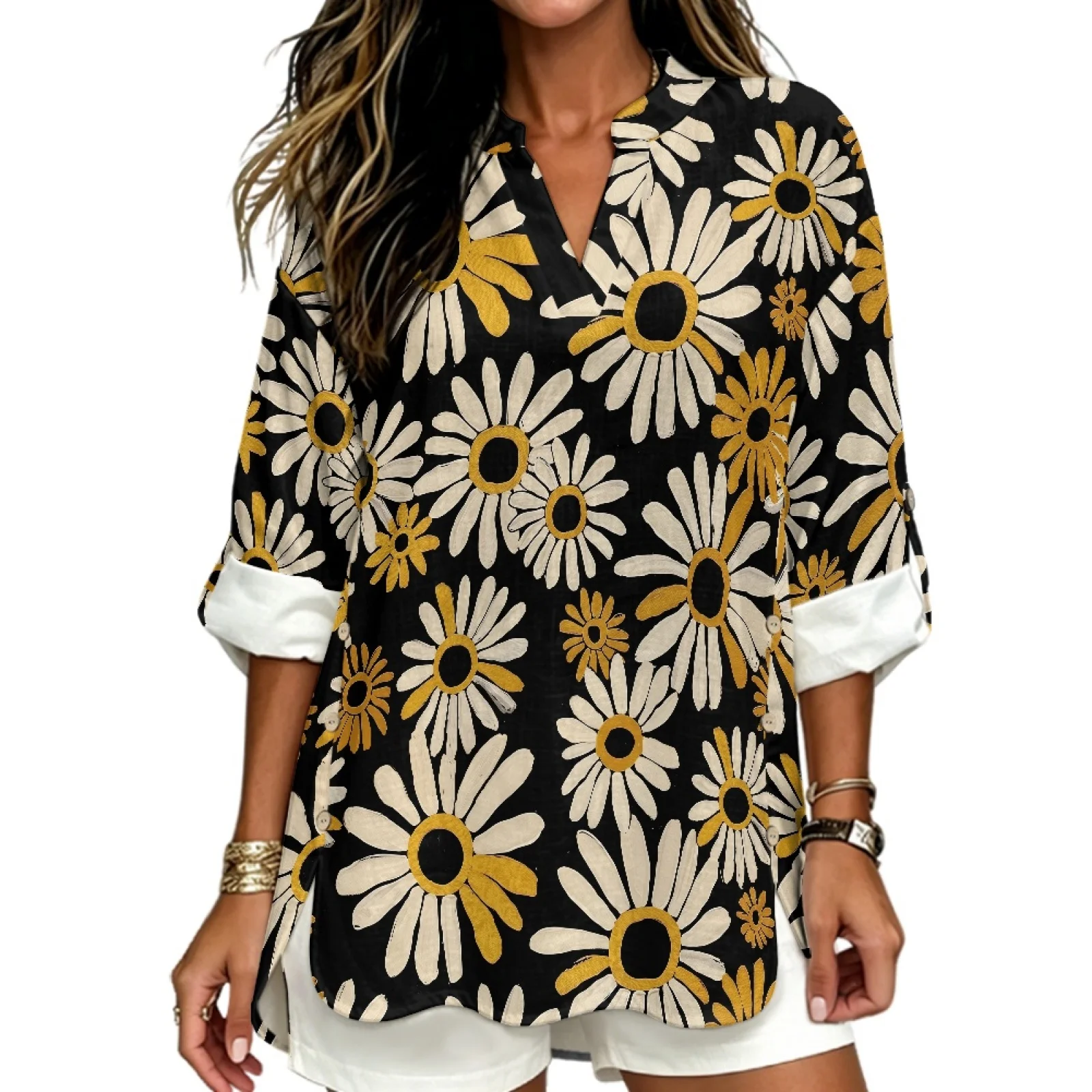 PENSTROLL Yellow White Daisy Cozy V Neck Blouse for Women Linen Like Long Sleeve Tops Tunic Shirts view 2