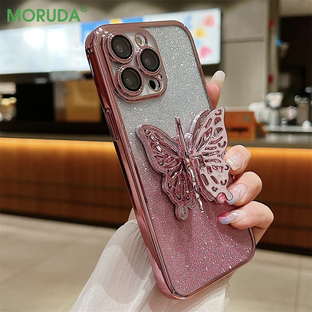 Glitter Gradient for Butterfly Stand Phone Case for iPhone 15 ProMax 14 13 12 11 Pro Max Plus 15pro Slim Plating Lens Film Cover