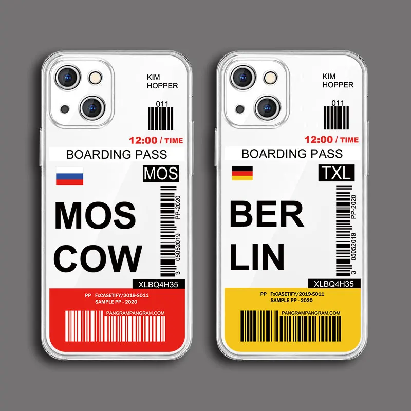 World City Travel Ticket New York London Label Phone Case For iPhone 11 7 8 Plus SE2 14 13 12 Pro Max XS X XR Transparent Cover