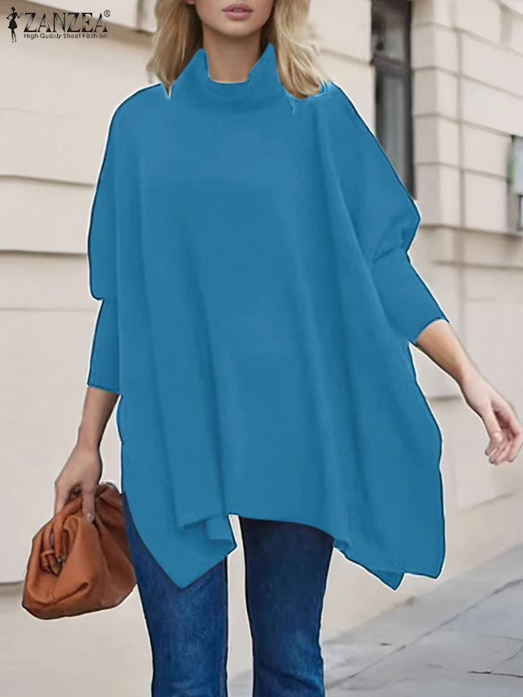 ZANZEA Moda donna Asimmetrico Collo alto Tees 2025 Vintage Manica lunga Solid T-shirt Vacanza Autunno Top lavorato a maglia Blusas