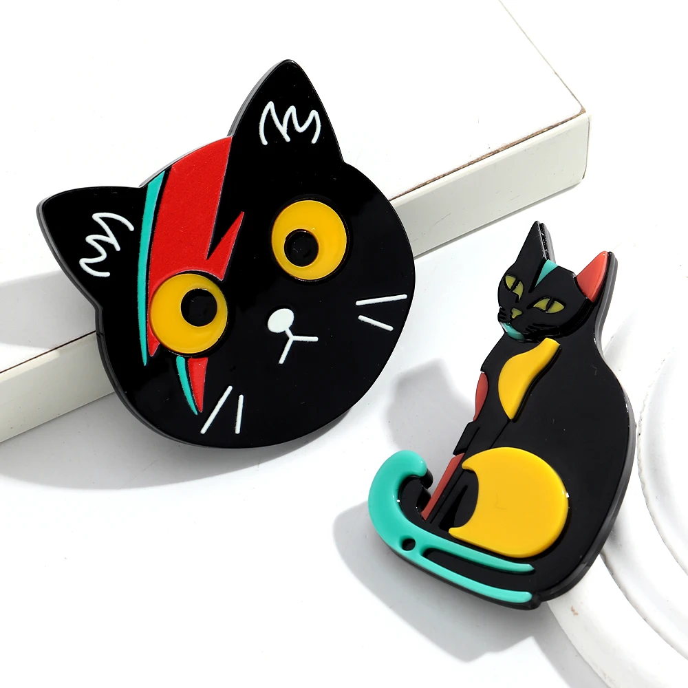 New Black Cute Cat Head Acrylic Brooches for Women Lovely Cartoon Kitten Animal Figure Badge Pins Trend Jewelry Accessories Gift