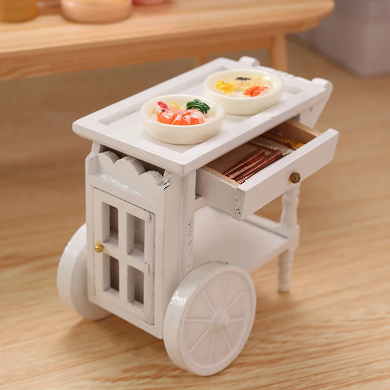 1:12 Dollhouse Mini Two Layers Kitchen Cart Set Miniature Ice Cream Car Serving Cart Dinner Tray Trolley Miniature Items Toy 1PC