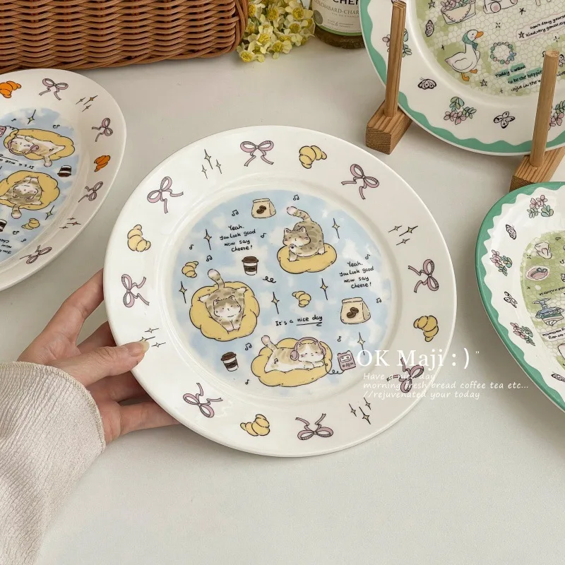Creative Exquisite Cat Cake Plate, Beautiful Cartoon Breakfast Plate,Ceramic Oval Dessert Plate Dinner Set Plates and Dishes