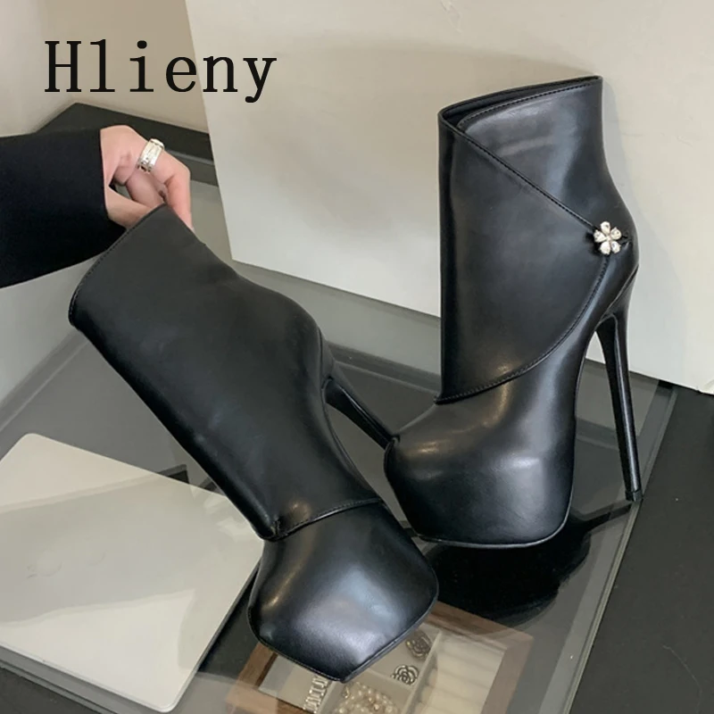 Hlieny Size 35-42 Fashion Extreme Platform Boots Women Winter Fashion Round Toe Thin High Heels Flowers Buckle Shoes