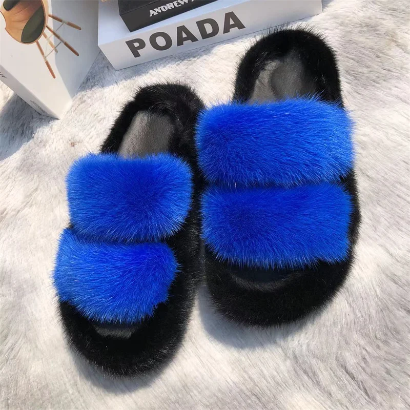 Fashion Mink Fur Slippers Designer Shoes Slippers For Women Outdoor 2024 New Autumn All-Match Korean Cute Fluffy Mink Slippers