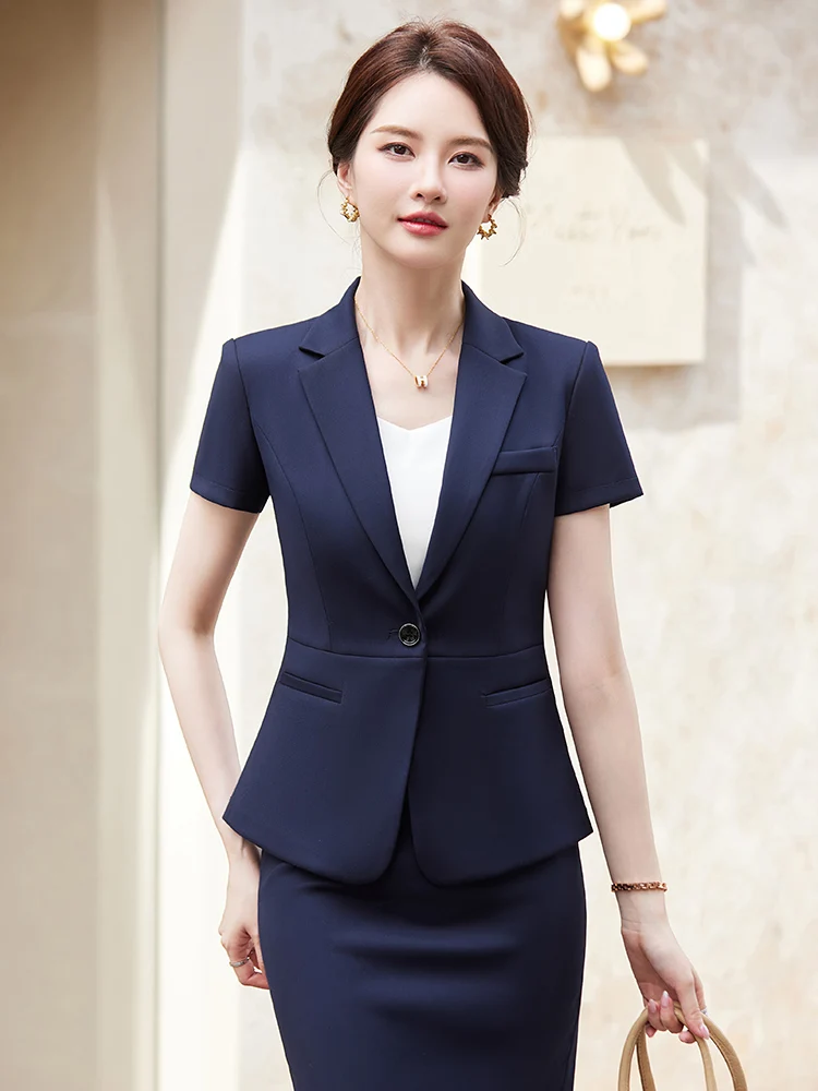 Elegant Short Sleeve Business Suit Set for Women Formal Occasion Work Uniform Hotel Staff Uniform Summer Professional Pantsuit