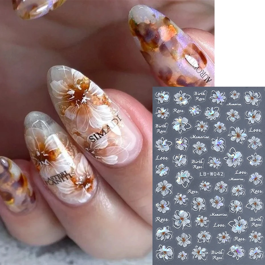 Laser Flowers 3D Nails Stickers Floral Holographic Fairy Aurora Shiny Blooming Flower Decals 2024 Cute Summer Nail Decor#LB-W042