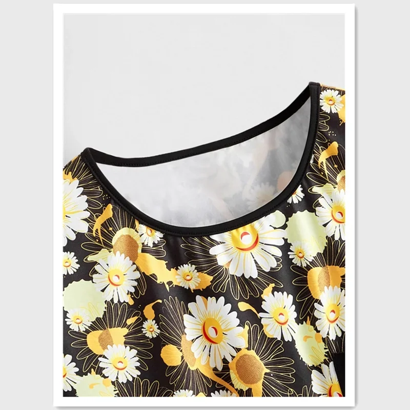 T-shirt de manga curta com estampa floral feminina, top elegante com bolso frontal, tamanho grande 6xl e 7xl, moda verão