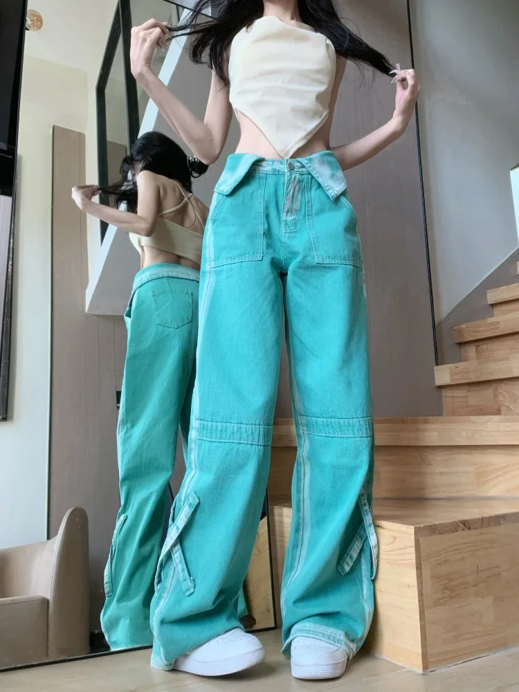 Jeans Woman High Waisted Jeans 2024 Summer New Korean Cuffs Full Length Loose Denim Pants Pockets Y2k Panelled Wide Leg Trousers