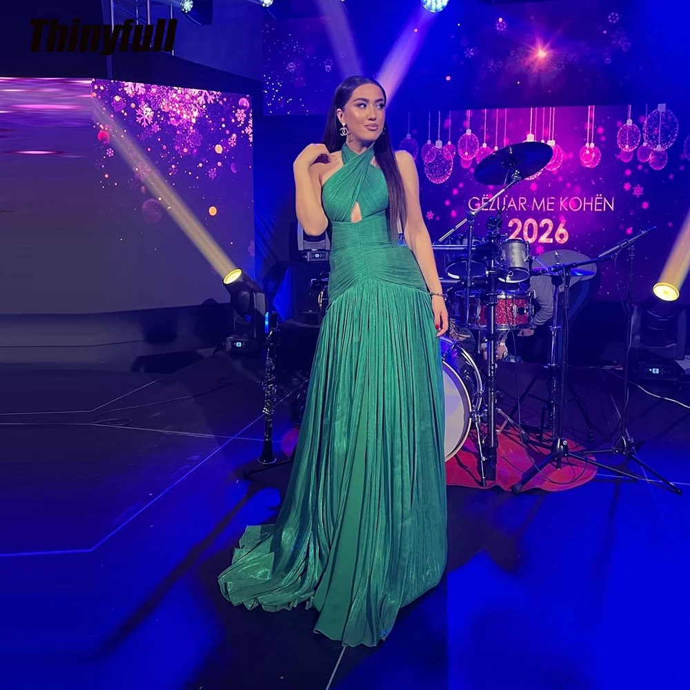 

Thinyfull Mermaid Arab Green Prom Dresses Halter Sleeveless Shiny Satin Evening Gown Long Dress robes de soirée Customized