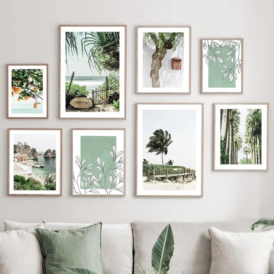 Summer Green Beach Peach Tree Coconut Forest Wall Art Oil Painting Nordic Poster and Printmaking Living Room Decoration Picture