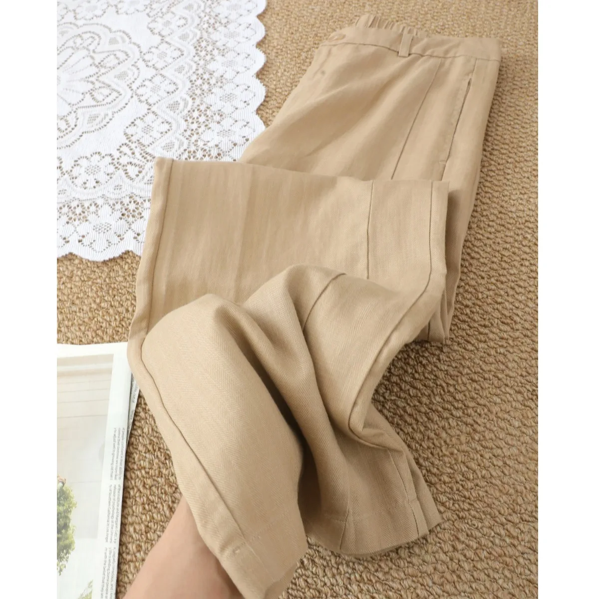 

Lightweight Summer Khaki Straight Leg Cotton Linen Pants Women's Elastic Waist Loose Fit Slimming Drapey Wide Leg Trousers