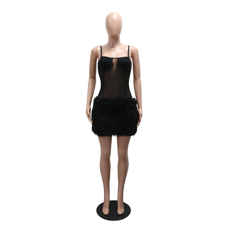 Fofo fuax pele retalhos pura malha camisola mini vestido feminino sexy cintas de espaguete sem costas bodycon meia-noite clubwear vestidos