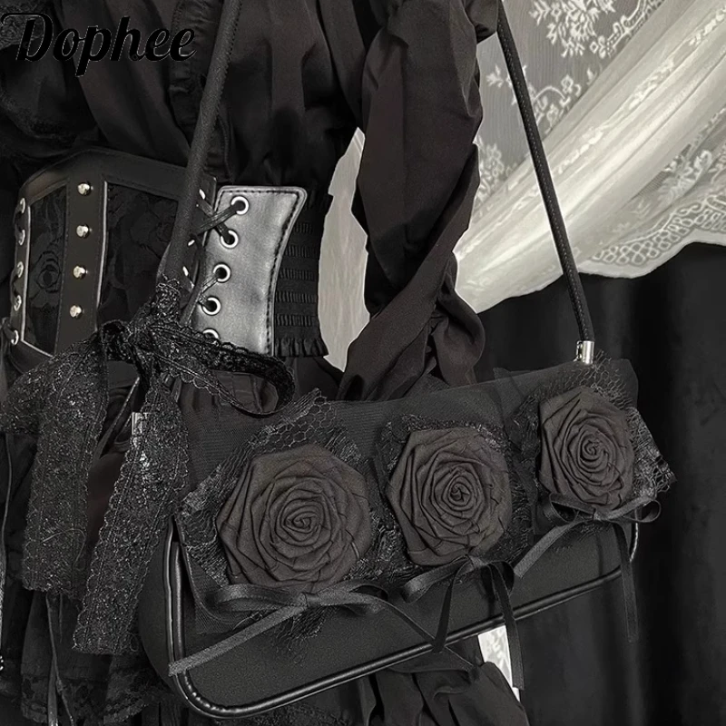 

Dophee Original Dark Rose Handmade Bags Women Ribbon Lace Bow Crossboday Shoulder Bag Elegant Lady Handbags Banquet Party