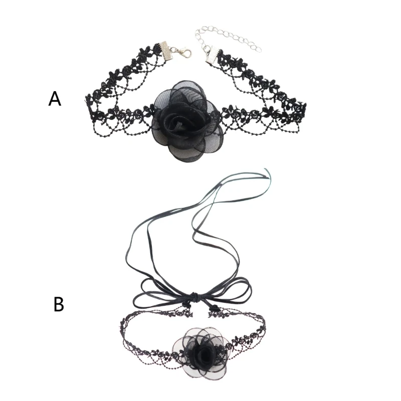 Collier ras du cou camélia chaîne gothique en dentelle, ras du cou, Costume fête, bal promo, cou