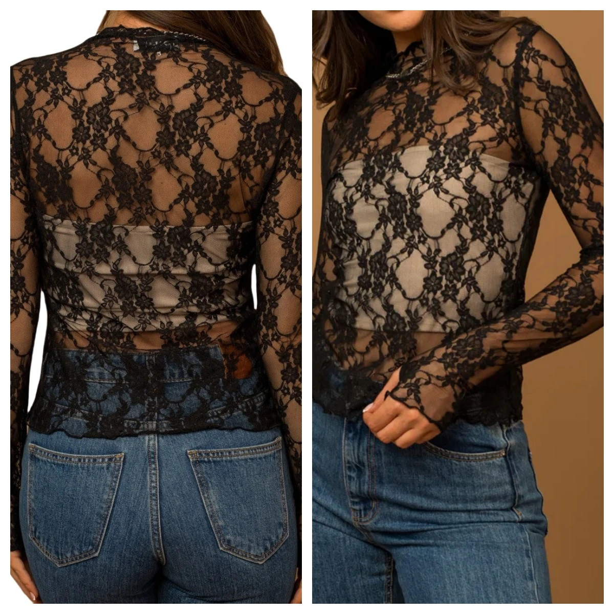 Women's See Through Black Sheer Floral Lace Tops Casual Roll Mock Neck Long Sleeve Mesh Blouses Slim Fit Shirt