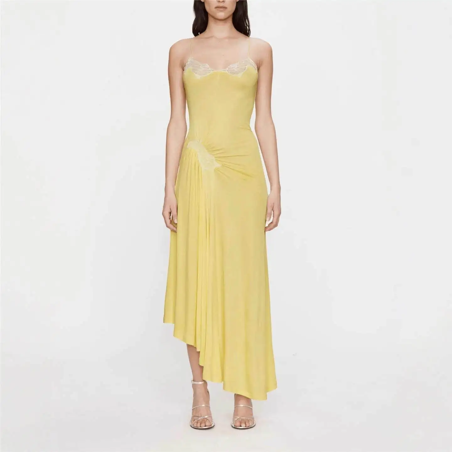 

Элегантное кружевное платье с асимметричным подолом и высокой талией, облегающее, без бретелек, для женщин, модное, с эффектом многослойности, миди, для прогулок